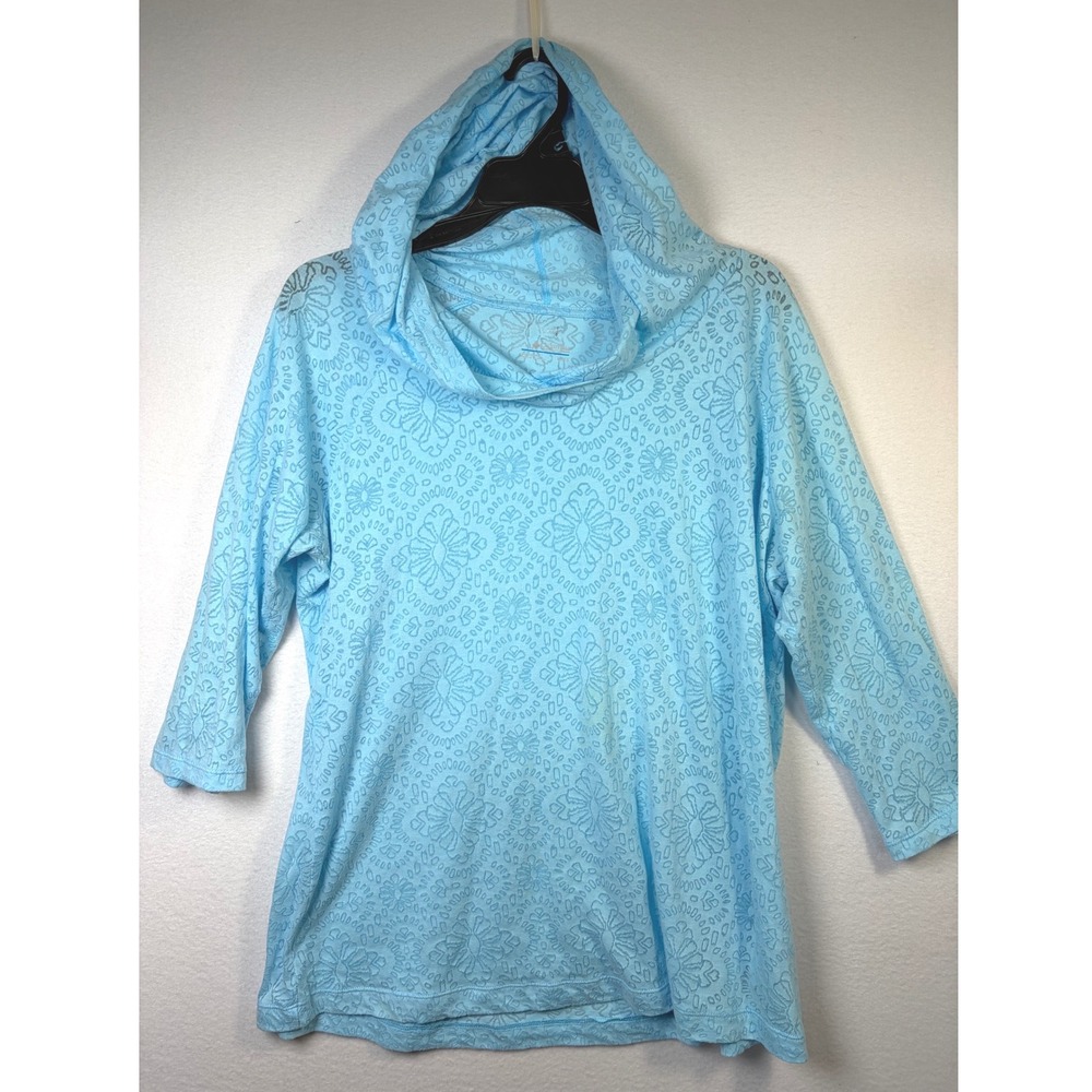 Columbia Hoodie Women XL Blue Excellent Floral Burnout Cowl Neck 3/4 Sleeve Top